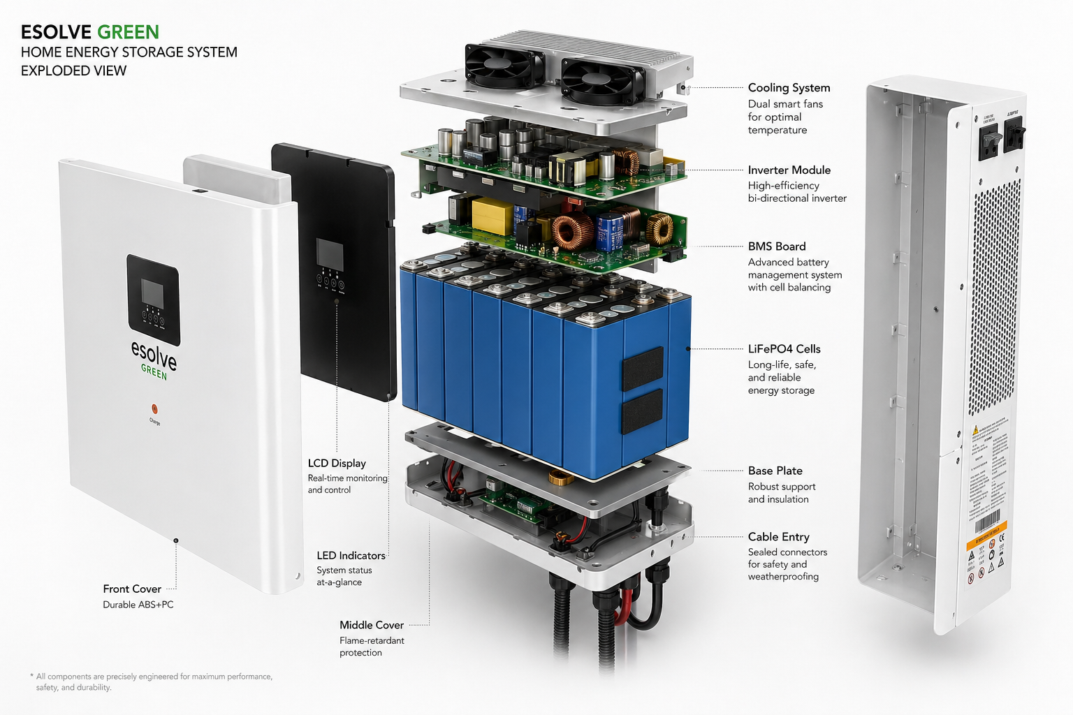 Vue éclatée EGSmart — composants internes (cooling, inverter, BMS, LiFePO4, base plate)
